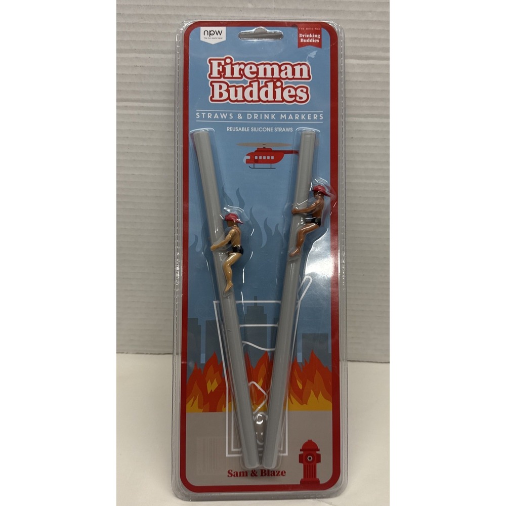 Fireman Straw Drinking Buddies Reusable Silicone Plastic 2 Count New Bachlorette